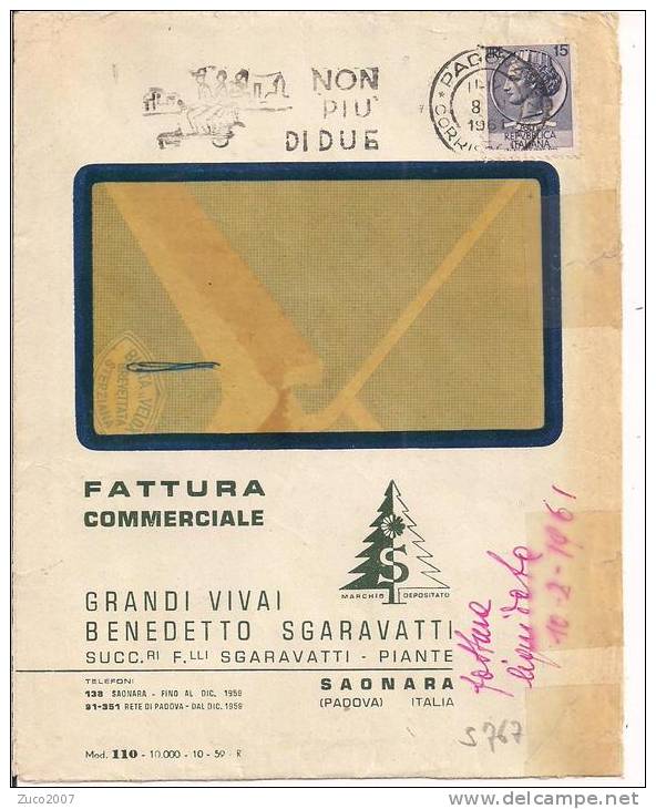 SGARAVATTI, VIVAI,  SAONARA, Fattura Commerciale  Viaggiata  1961, CON ERINNOFILO, - Altri & Non Classificati