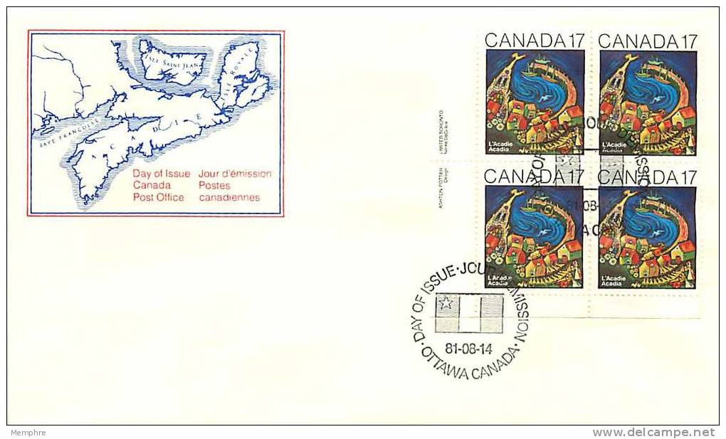 1981  Acadie, Painting By Nérée De Grace       Sc 898  Plate Block Of 4 - 1981-1990