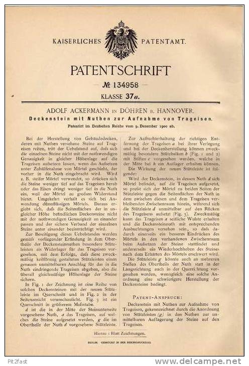 Original Patentschrift - A. Ackermann In Döhren B. Hannover , 1900 , Deckenstein Mit Nuthen Für Trageisen !!! - Architecture