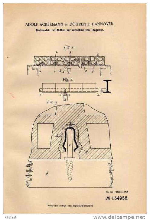 Original Patentschrift - A. Ackermann In Döhren B. Hannover , 1900 , Deckenstein Mit Nuthen Für Trageisen !!! - Architecture