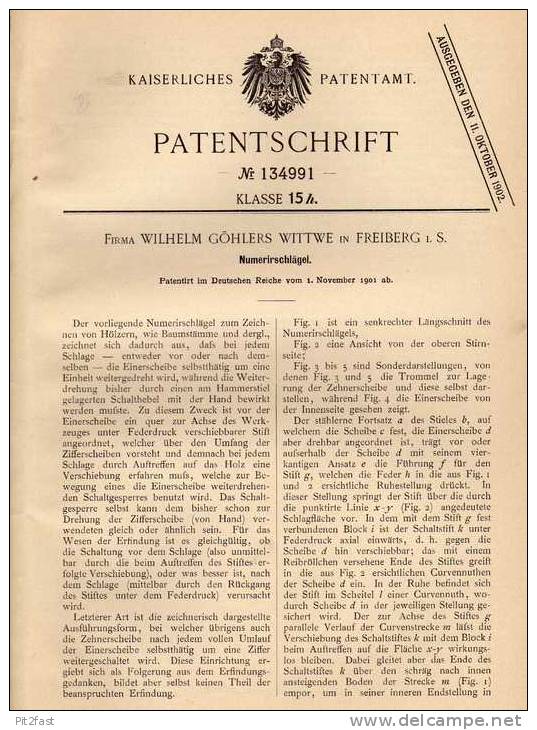 Original Patentschrift - Fa. Göhlers In Freiberg I.S. , 1901 , Nummerierschlägel !!! - Antike Werkzeuge