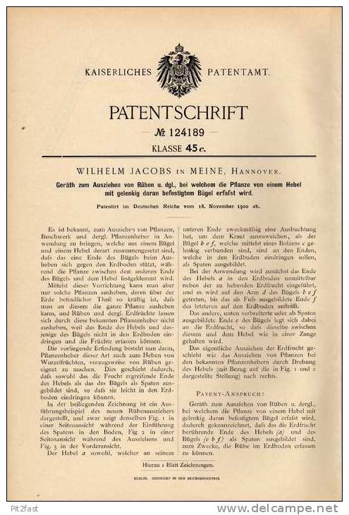 Original Patentschrift - W. Jacobs In Meine , Hannover , 1900 , Gerät Zum Ziehen Von Rüben , Landwirtschaft !!! - Historische Dokumente
