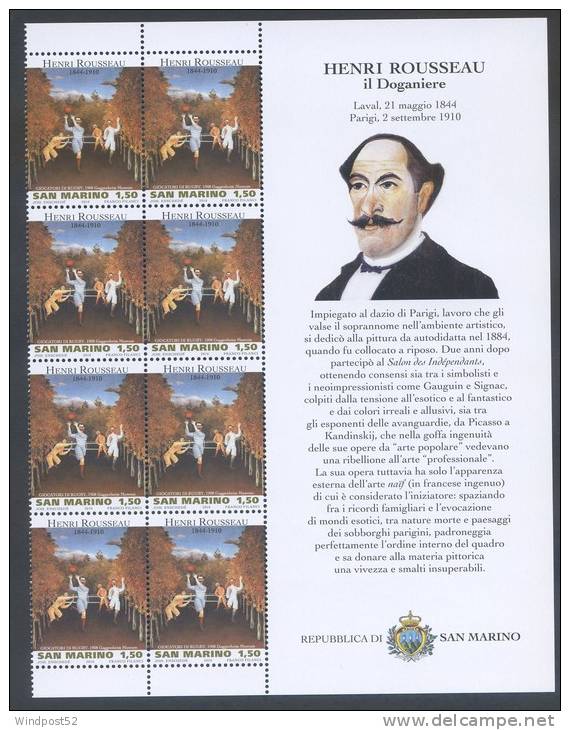 SAN MARINO - 2010 - MAESTRI D'ARTE HENRI ROUSSEAU - CON BANDELLA LATERALE - MNH** 248 - Ongebruikt