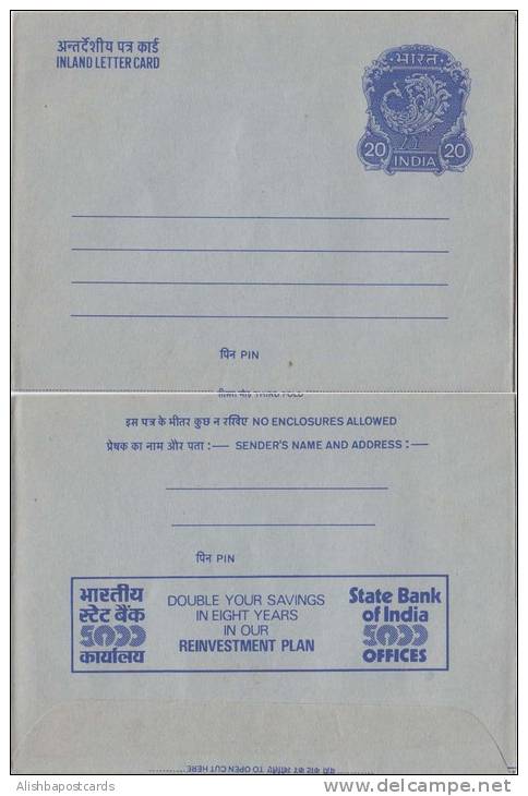 India Peacock Inland Letter Postal Stationonery , Advertisement, State Bank,, Numbers, Banking,  Inde, Indien - Inland Letter Cards