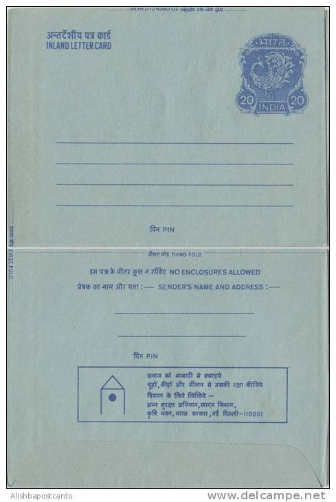 India Peacock Inland Letter Postal Stationonery  Advertisement, Save Grain From Rodents, Insects, Climate,  Inde, Ind - Inland Letter Cards