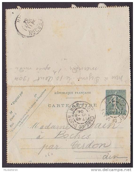 France Postal Stationery Ganzsache Entier Carte Lettre Semeuse GARE DE DIJON 1904 To CERDON (Ain) - Kaartbrieven