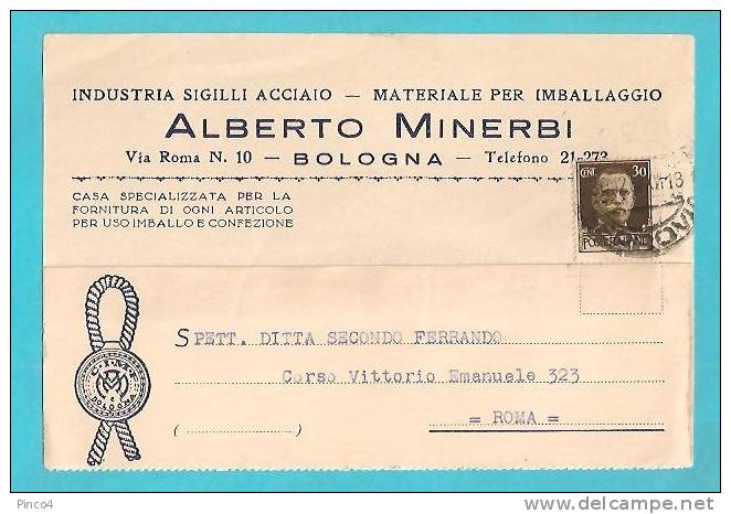 STORIA POSTALE CARTOLINA COMMERCIALE MATERIALI PER IMBALLAGGIO ALBERTO MINERBI BOLOGNA DEL 30-12-1937 PER ROMA - Storia Postale