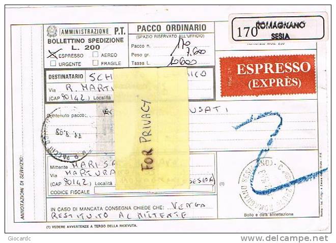 STORIA POSTALE - 1993 BOLLETTINO PACCO ORDINARIO ESPRESSO DA ROMAGNANO SESIA NO A PALERMO CON COLOMBO X 3 +CASTELLI - 1991-00: Storia Postale