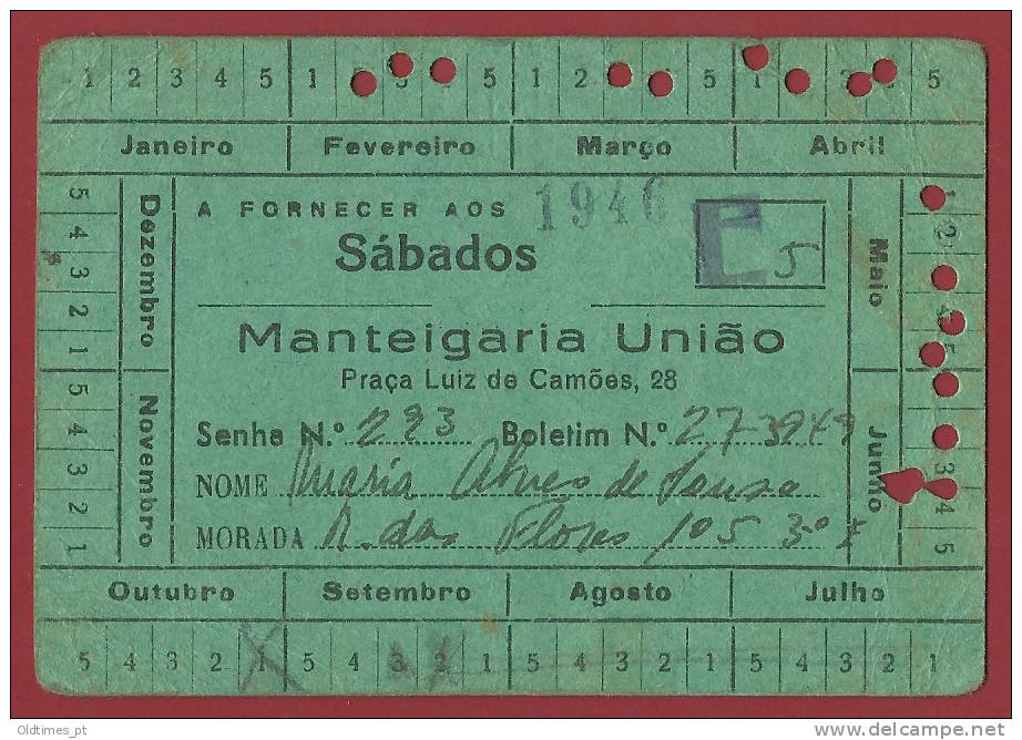 WWII-PORTUGAL - CARTÃO DE RACIONAMENTO MANTEIGARIA UNIÃO 40S. - Autres & Non Classés