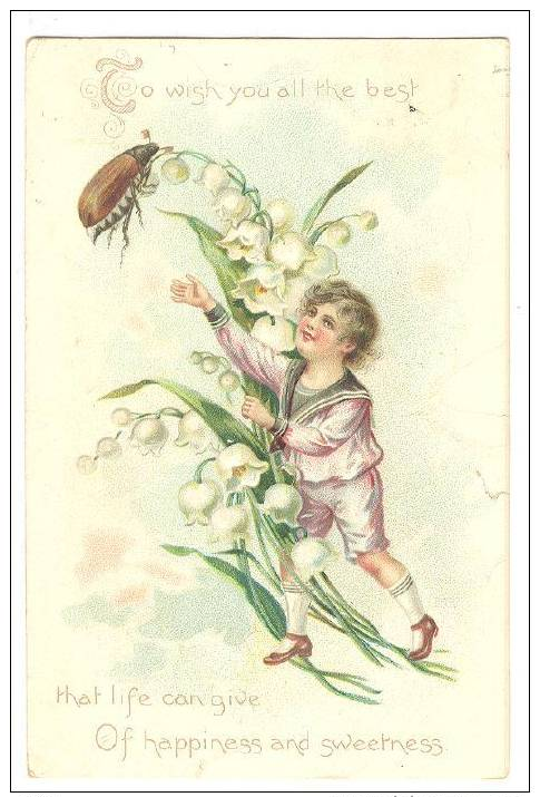 To Wish You All The Best That Life Can Give Of Happiness And Sweetness, Boy Admiring Bug, Flowers, PU-1910 - Insects