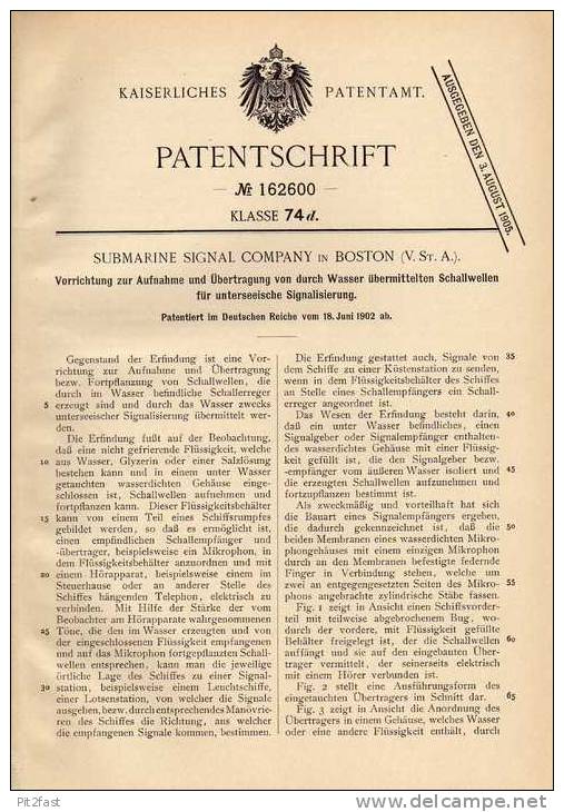 Original Patentschrift - Submarine Signal Comp. In Boston , 1902 , Signalaufnahme Von Schallwellen , Echolot !!! - Other & Unclassified