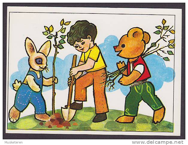 Albania PPC Piktor B. Zajmi, Tirane 1988 Boy, Bear And Rabbit Planting Trees - Albania