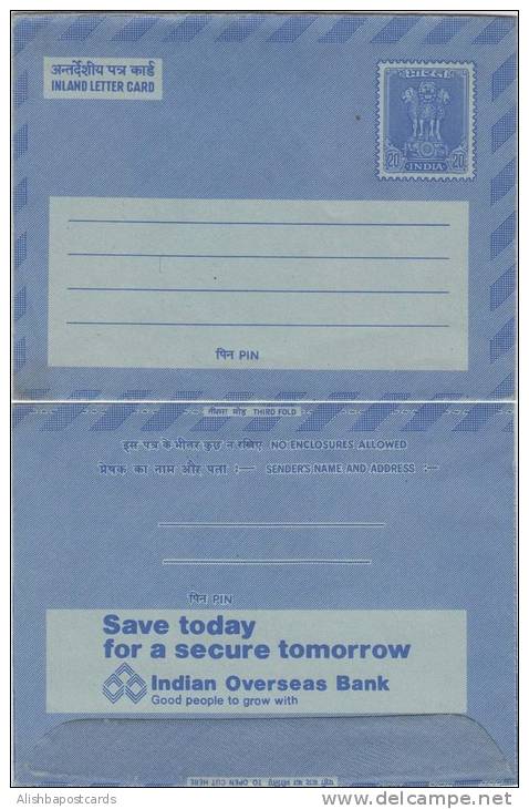 India Inland Letter Advertisement Postal Stationery, Indian Overseas Bank, Banking, Organisation,  Inde, Indien - Inland Letter Cards