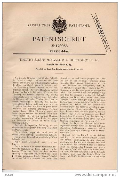 Original Patentschrift - T. Carthy In Holyoke , USA , 1901 , Schnalle Für Gürtel !!! - Cinturones & Hebillas