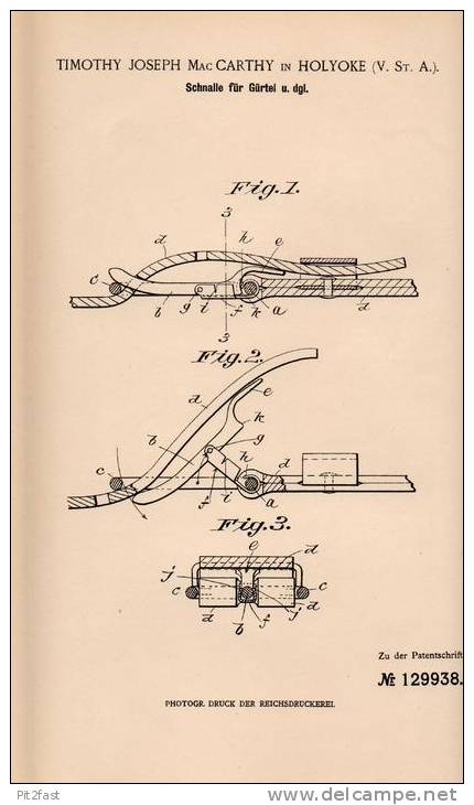 Original Patentschrift - T. Carthy In Holyoke , USA , 1901 , Schnalle Für Gürtel !!! - Broekriemen En Gespen