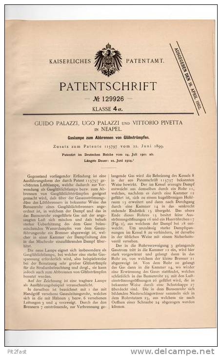 Original Patentschrift - V. Pivetta In Neapel , 1901 , Gaslampe , Laterne !!! - Lighting & Lampshades