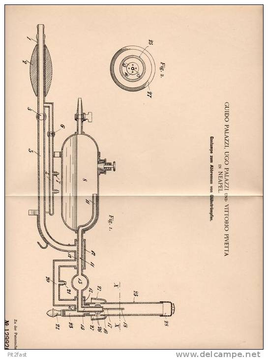 Original Patentschrift - V. Pivetta In Neapel , 1901 , Gaslampe , Laterne !!! - Luminarie E Lampadari