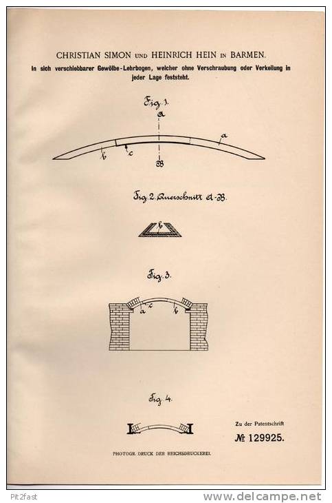 Original Patentschrift - Ch. Simon In Barmen , 1901 , Gewölbe - Lehrbogen Ohne Verschraubung !!! - Architecture