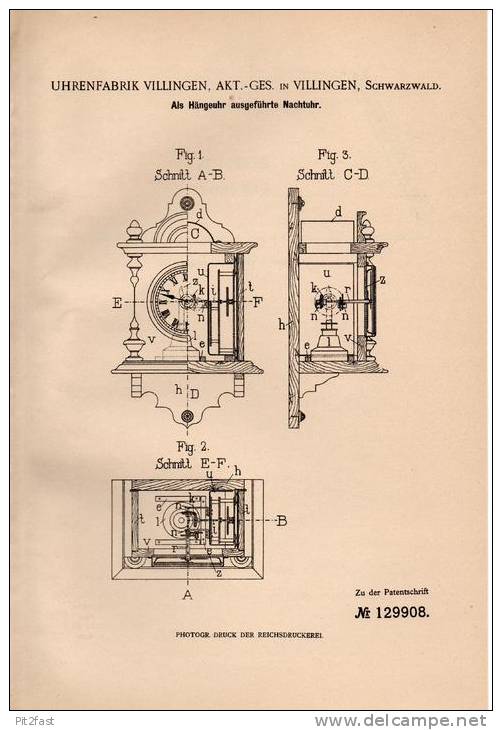 Original Patentschrift - Uhrenfabrik AG In Villingen , 1901 , Hängeuhr Als Nachtuhr , Kuckucksuhr !!! - Other & Unclassified