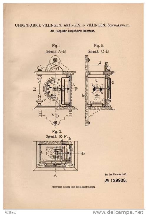 Original Patentschrift - Uhrenfabrik AG In Villingen , 1901 , Hängeuhr Als Nachtuhr , Kuckucksuhr !!! - Sonstige & Ohne Zuordnung