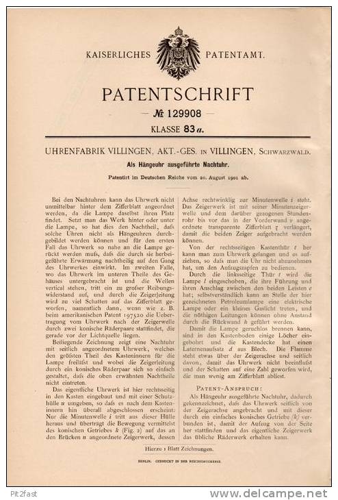 Original Patentschrift - Uhrenfabrik AG In Villingen , 1901 , Hängeuhr Als Nachtuhr , Kuckucksuhr !!! - Other & Unclassified
