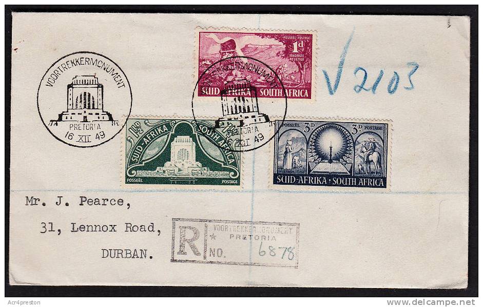 C0009 South Africa 1949, SG 131-133 Voortrekker Monument On Registered Cover From Monument To Durban - Covers & Documents