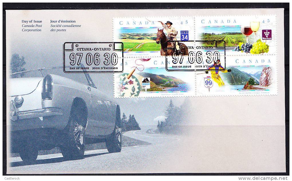 T)CANADA  1997,HIGHWAYS, VIN, ALCOOL, CHEVAL, SKI, BRODERIE, TOURISME, ENBROIDERY, TEXTILE, WINE, ALCOHOL, HORSE,FDC.- - 1991-2000