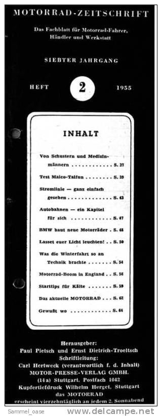 Zeitschrift  "Das Motorrad" 2 / 1955 Mit : Test : Maico-Taifun  ,  Stromlinien Ganz Einfach Gesehen - Automobile & Transport
