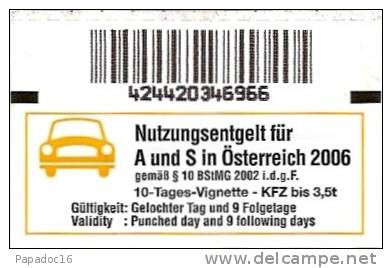 Nutzungsentgelt Für A Und S In Österreich 2006 - 10-Tages-Vignette [Autobahngebühr - Kaufnachweis - Reçu - Proof] - Sonstige & Ohne Zuordnung