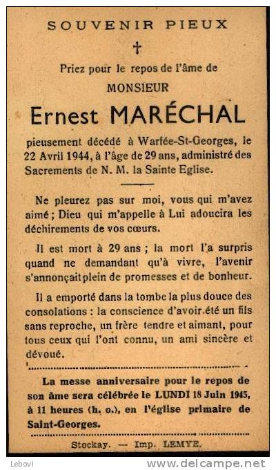 Souvenir Mortuaire MARECHAL, Ernest (1915-1944) Mort à WARFEE-SAINT-GEORGES - Images Religieuses