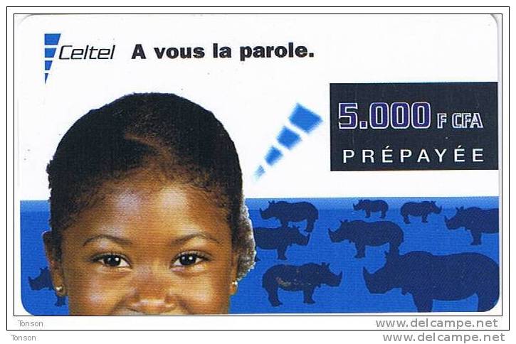 Gabon, Celtel, 5.000F CFA, Girl, Animals, Exp. 11/2002, 2 Scans.. - Gabun