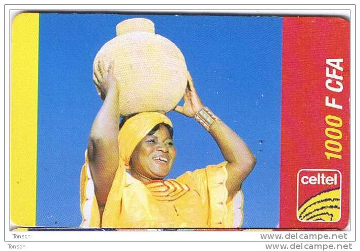 Gabon, Celtel, 1000 F CFA, Girl With Waterjug On Head, 2 Scans. - Gabun