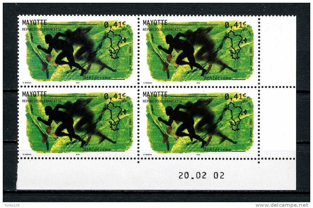 MAYOTTE 2002 Poste N° 128 ** Bloc De 4 Coin Daté Neufs Ier Choix. SUP.  (Sport, Athlétisme) - Sonstige & Ohne Zuordnung