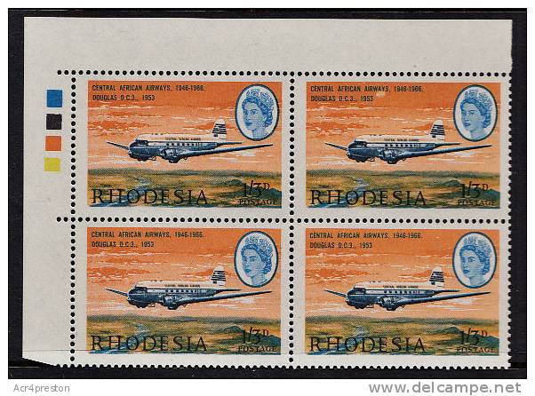 C0012 Rhodesia 1966, SG 394 1s 3d  Douglas DC3, 20th Anniv Central Afr Airways, T-light Block 4  MNH - Rhodesien (1964-1980)