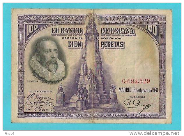 SPAGNA 100 PESETAS CERVANTES 15 AGOSTO 1928 - 100 Peseten