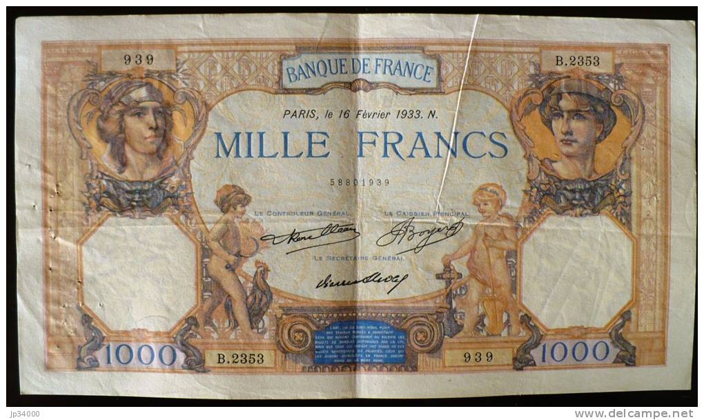 BILLET 1000 FRANCS...CERES MERCURE (16 Fevrier 1933) B.2353 - 939 (la Photo Est Le Billet Vendu) Petit Pli Vertical Visi - 1 000 F 1927-1940 ''Cérès Et Mercure''