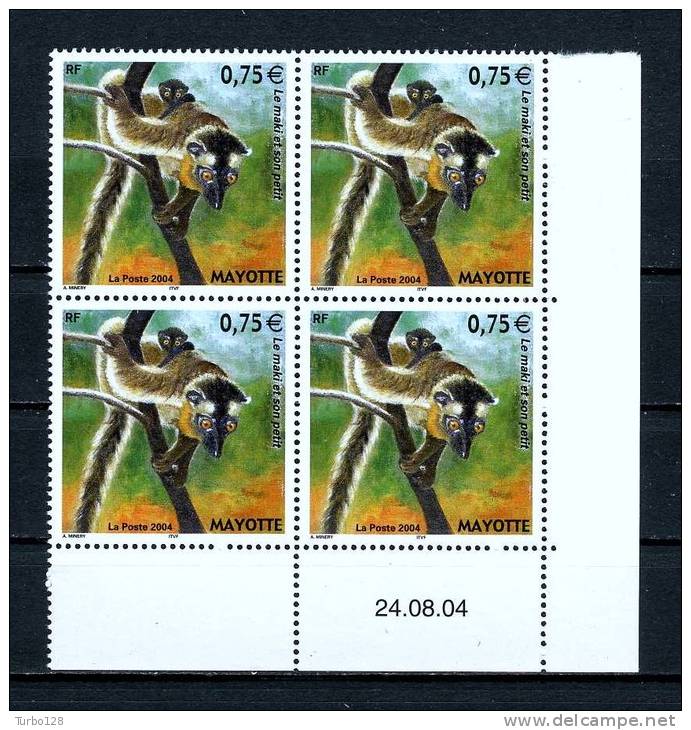 MAYOTTE 2004 Poste N° 167 ** Bloc De 4 Coin Daté   Neuf Ier Choix. SUP.  (Faune, Fauna. Lémurien) - Autres & Non Classés