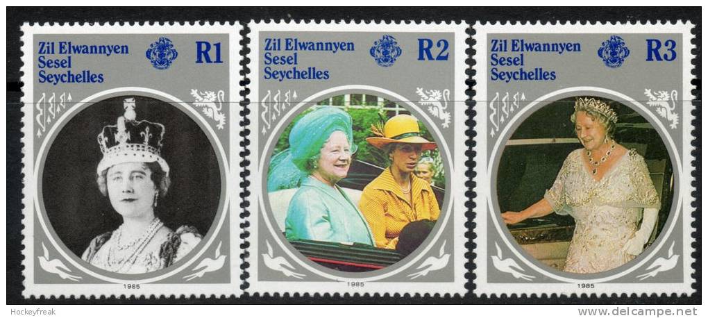 Zil Elwannyen Sesel 1985 - Life & Times Of HM Queen Elizabeth The Queen Mother Inverted Wmks SG115w-117w MNH Cat £17.15 - Seychelles (1976-...)