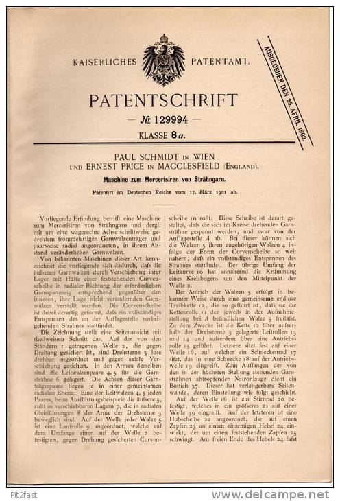 Original Patentschrift - E. Price In Macclesfield Und Wien , 1901 , Maschine Zum Mercersiren Von Garn , Nähgarn !!! - Tools