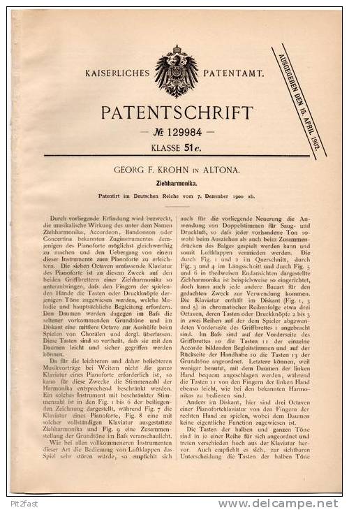 Original Patentschrift -G. Krohn In Altona , 1900 , Zieharmonika , Akkordeon !!! - Musikinstrumente