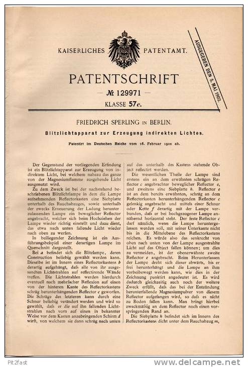 Original Patentschrift - F. Sperling In Berlin , 1900 , Apparat Für Blitzlicht , Blitz , Photographie !!! - Zubehör & Material