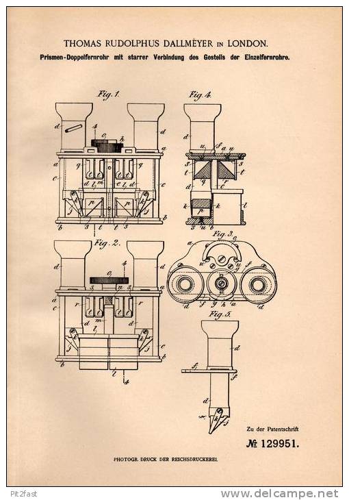 Original Patentschrift - Prismen- Doppelfernrohr , Fernrohr , 1901 , T. Dallmeyer In London , Fernglas , Fernstecher !!! - Optik