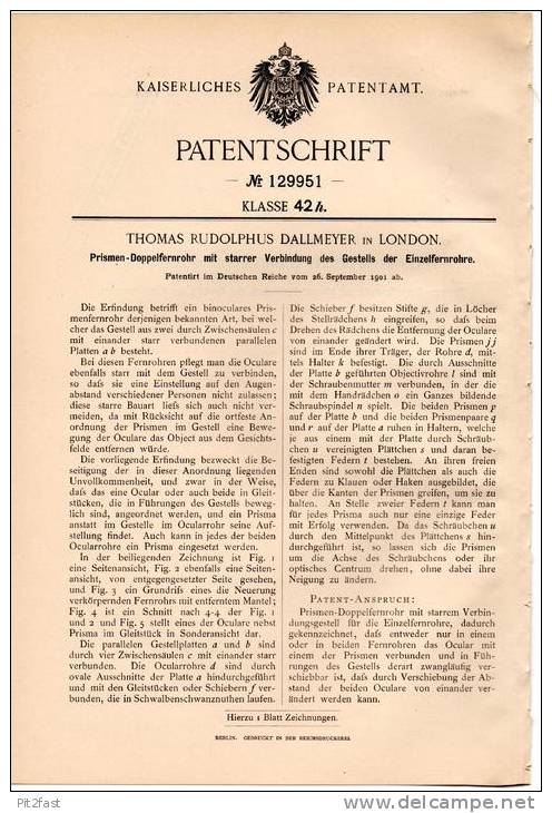 Original Patentschrift - Prismen- Doppelfernrohr , Fernrohr , 1901 , T. Dallmeyer In London , Fernglas , Fernstecher !!! - Optics