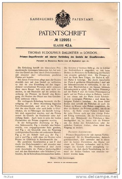 Original Patentschrift - Prismen- Doppelfernrohr , Fernrohr , 1901 , T. Dallmeyer In London , Fernglas , Fernstecher !!! - Optik
