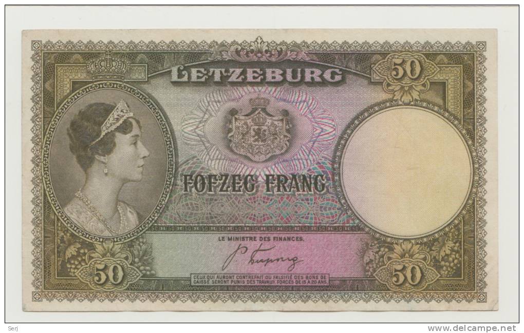 LUXEMBOURG 50 FRANCS 1944 VF+ (DUCHESS CHARLOTTE ALLIED OCCUPATION WWII) P 46 - Luxemburgo