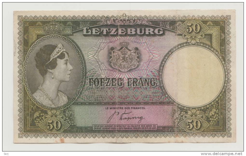 LUXEMBOURG 50 FRANCS 1944 VF (DUCHESS CHARLOTTE ALLIED OCCUPATION WWII) P 46 - Luxemburg