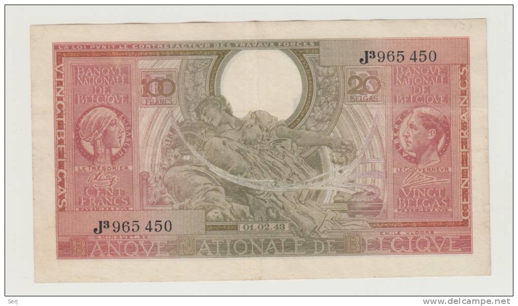 Belgium 100 Francs = 20 Belgas 1.2. 1943 (1944) VF++ AXF P 123 - 100 Frank & 100 Frank-20 Belgas