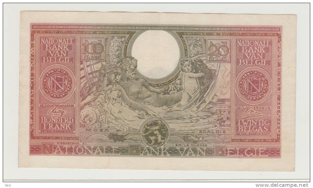 Belgium 100 Francs = 20 Belgas 1.2. 1943 (1944) VF++ AXF P 123 - 100 Frank & 100 Frank-20 Belgas