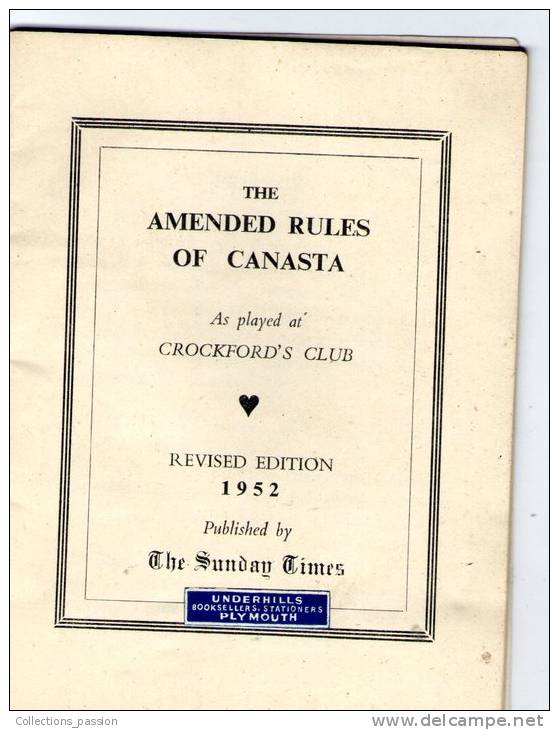 Livret De 24 Pages , The Sunday Times Amended Rules Of Canasta As Played At Crockford´s Club , Frais Fr : 2.60€ - Autres & Non Classés