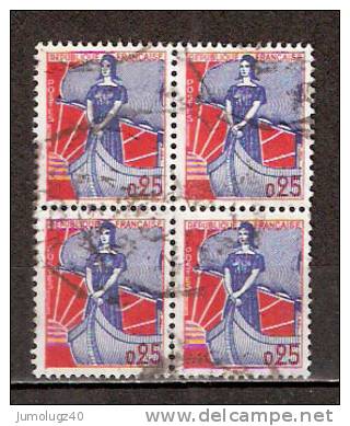 Timbre France Y&T N°1234x4 (1) Obl. Bloc De 4. Marianne à La Nef.  25 C. Bleu Et Rouge. Cote 0,60 € - 1959-1960 Marianne In Een Sloep